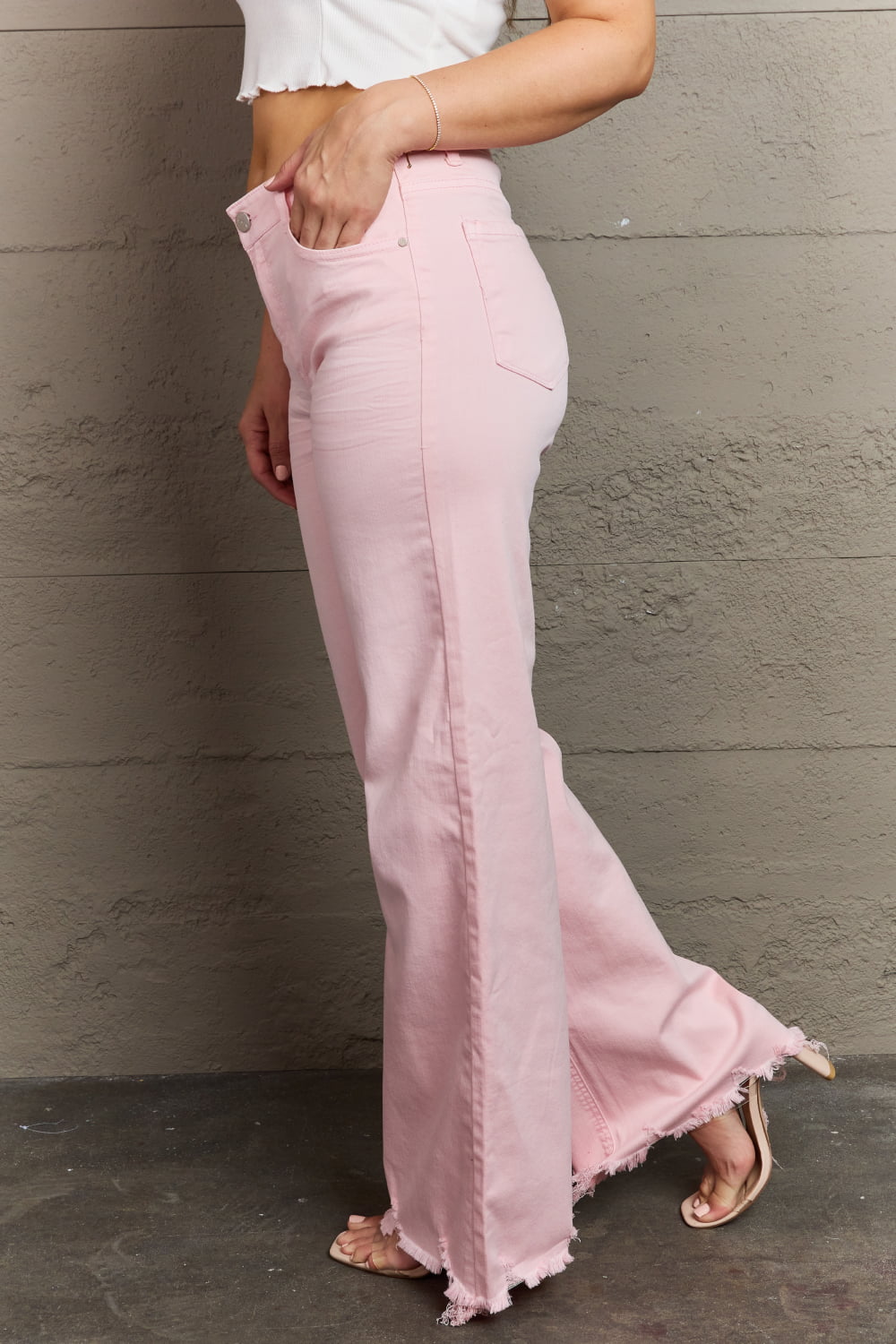 risen raelene full size high waist wide leg jeans in light pink