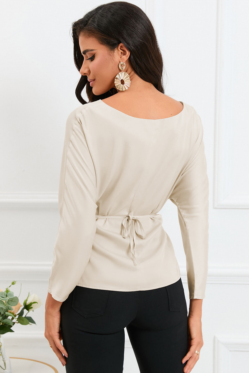 boat neck back tie long sleeve satin blouse