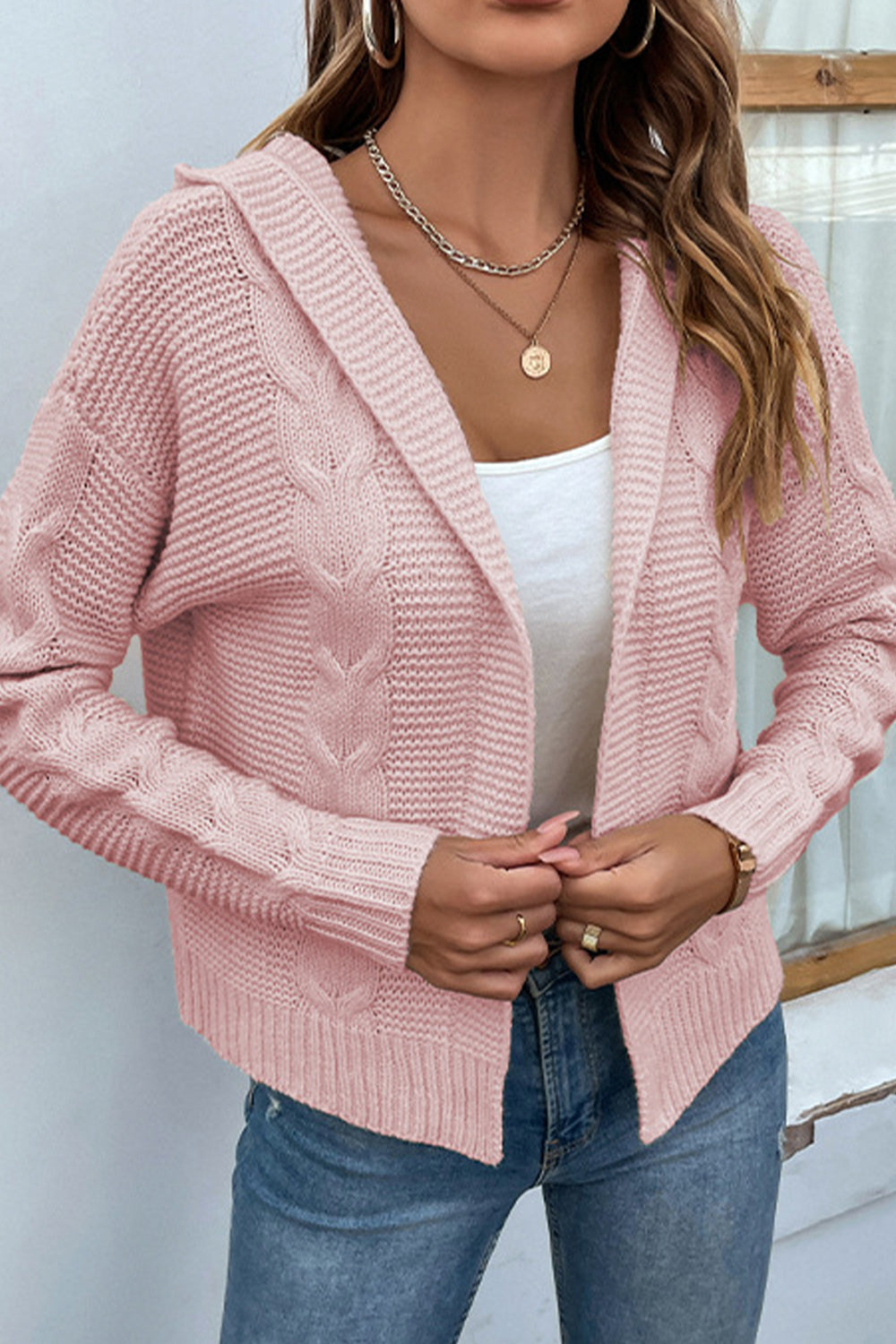 cable-knit dropped shoulder hooded cardigan