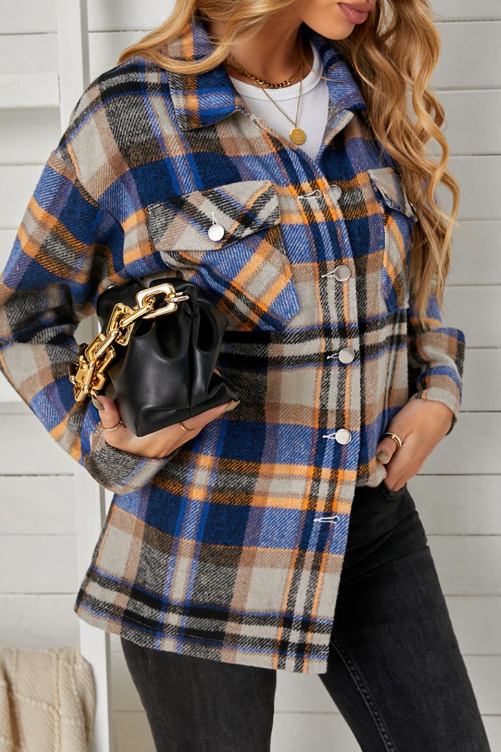 plaid pocketed button down shacket