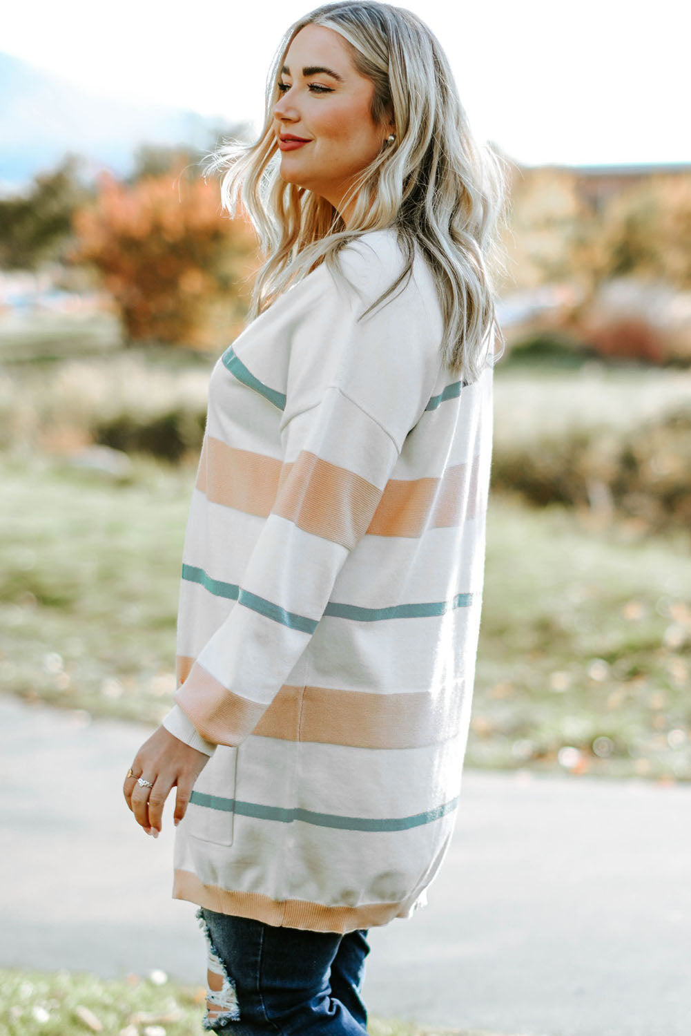 plus size striped open front cardigan