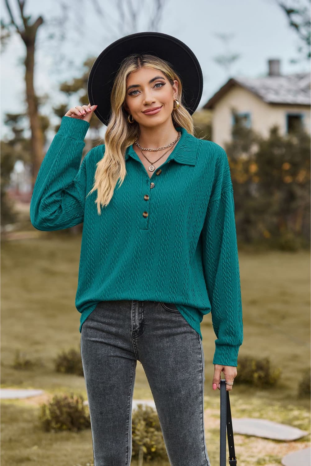 collared neck long sleeve blouse