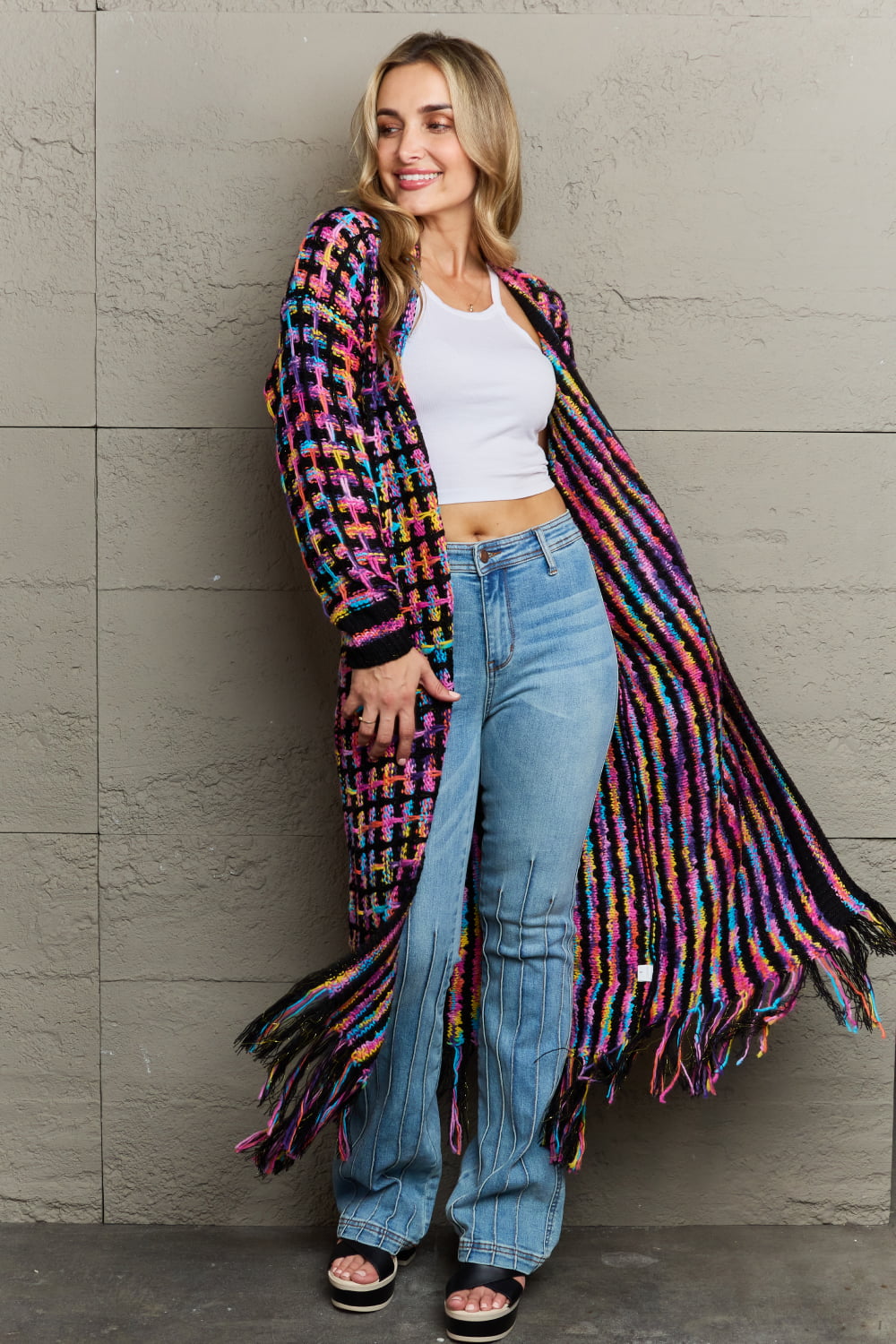 multicolored open front fringe hem cardigan