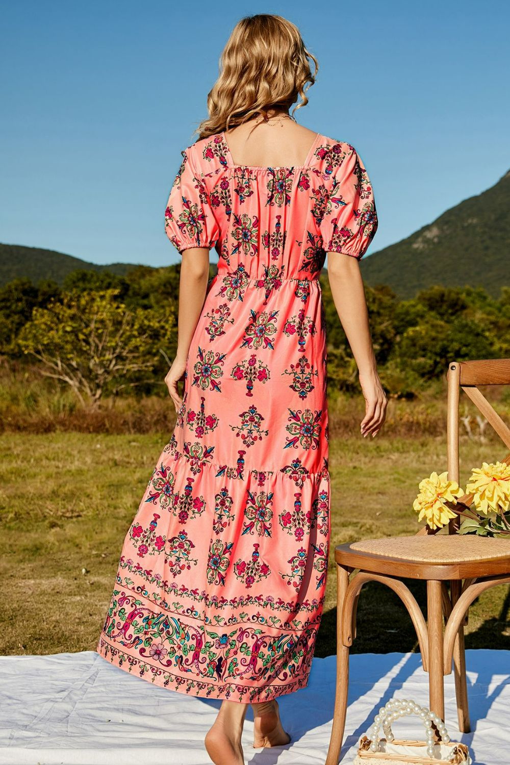 floral ruched puff sleeve tiered maxi dress