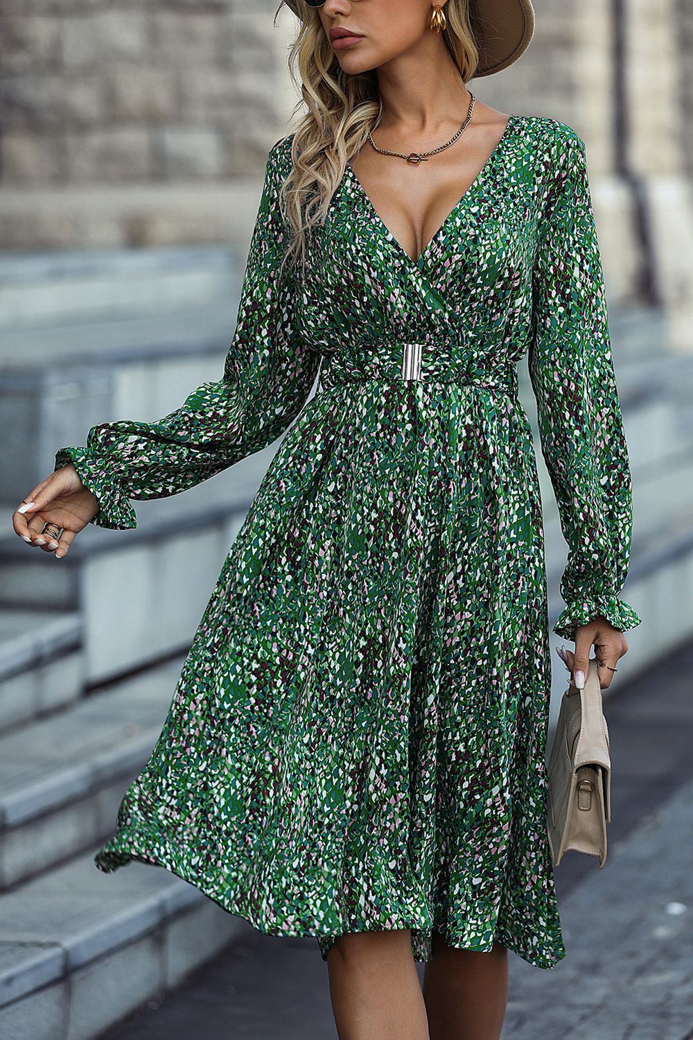 printed flounce sleeve surplice neck dress