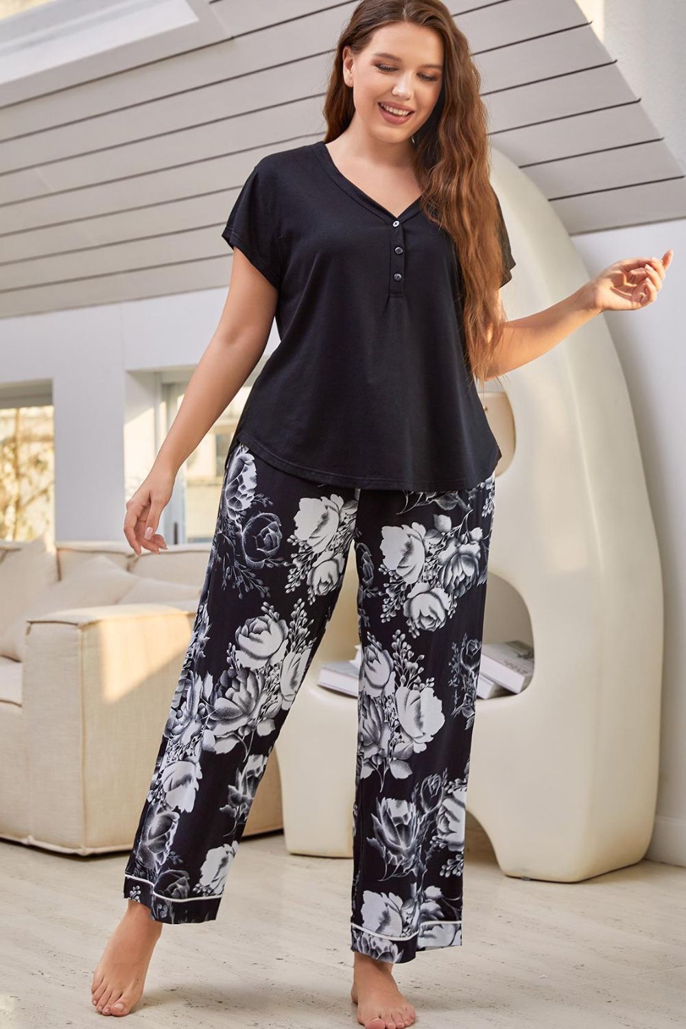 full size v-neck top and floral pants lounge set