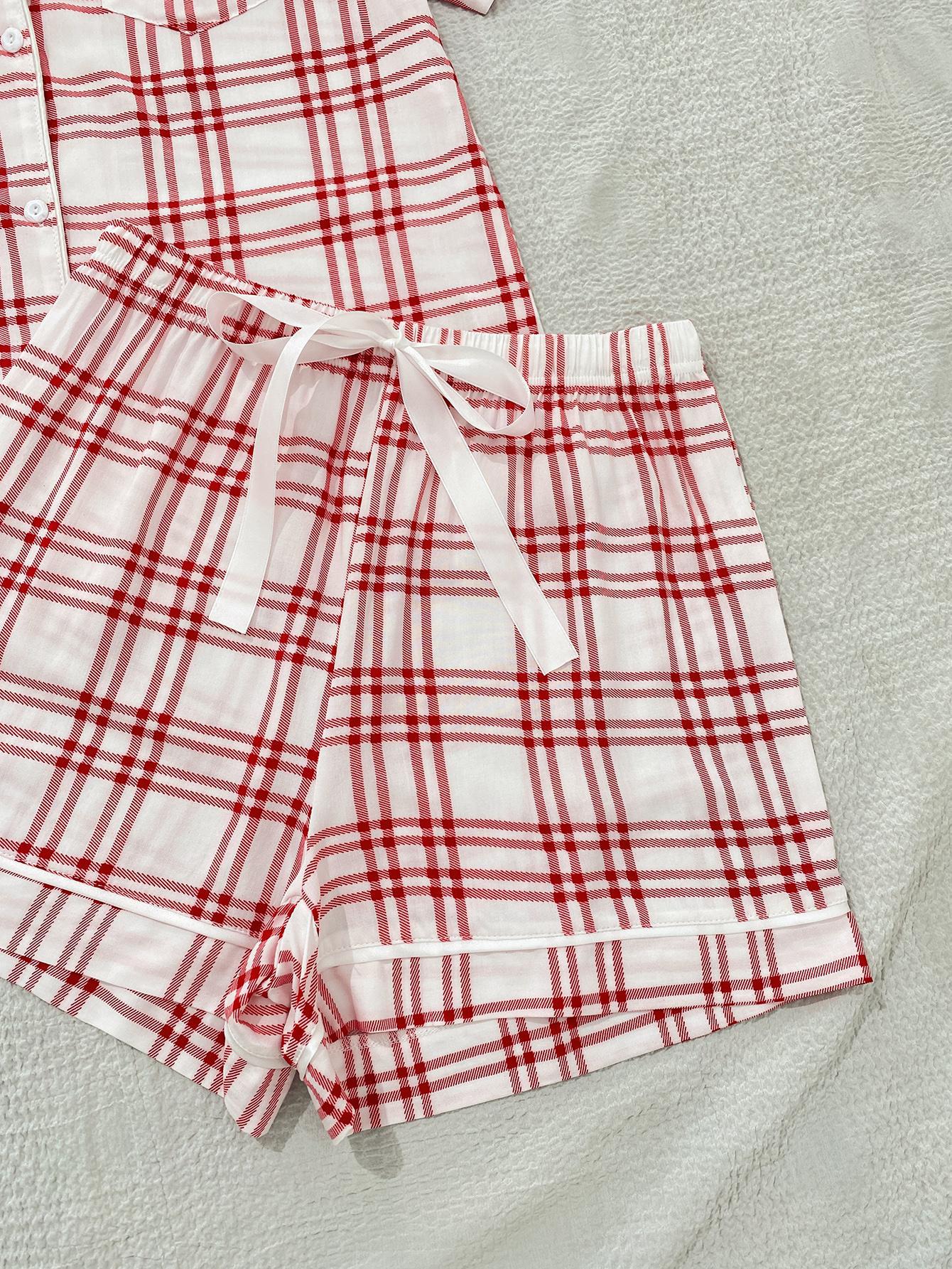 plaid lapel collar shirt and shorts lounge set