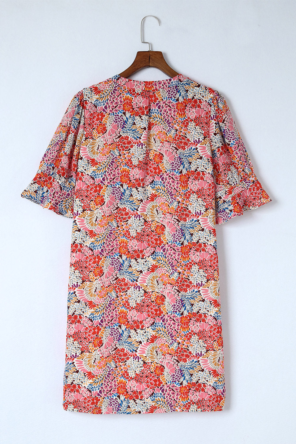 floral notched neck flounce sleeve shift dress