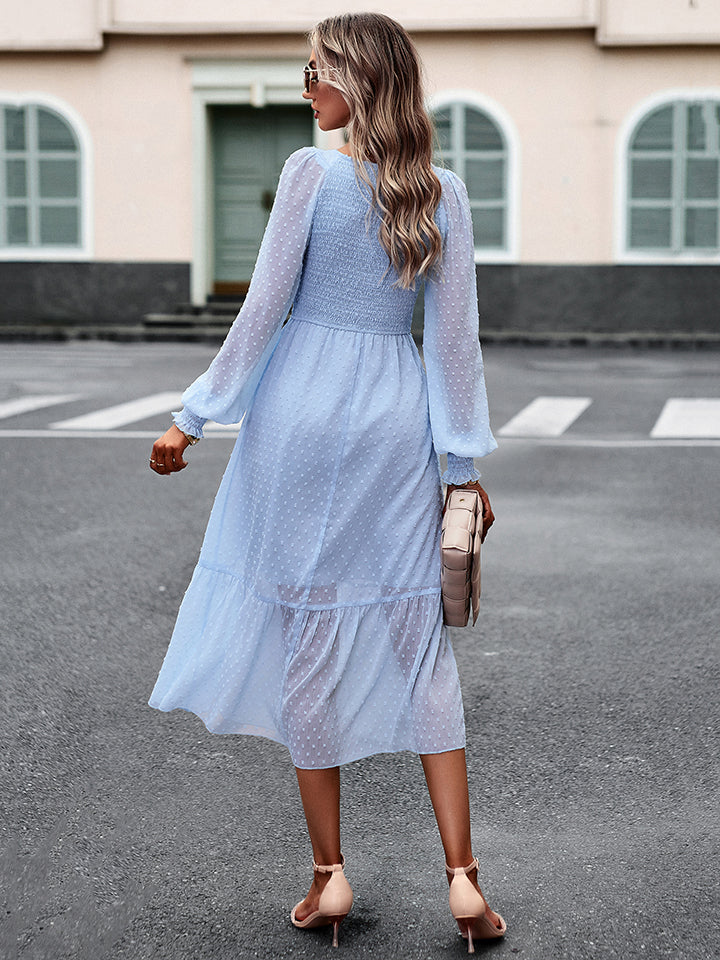 swiss dot v-neck flounce sleeve midi dress