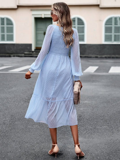 Swiss Dot V-Neck Flounce Sleeve Midi Dress