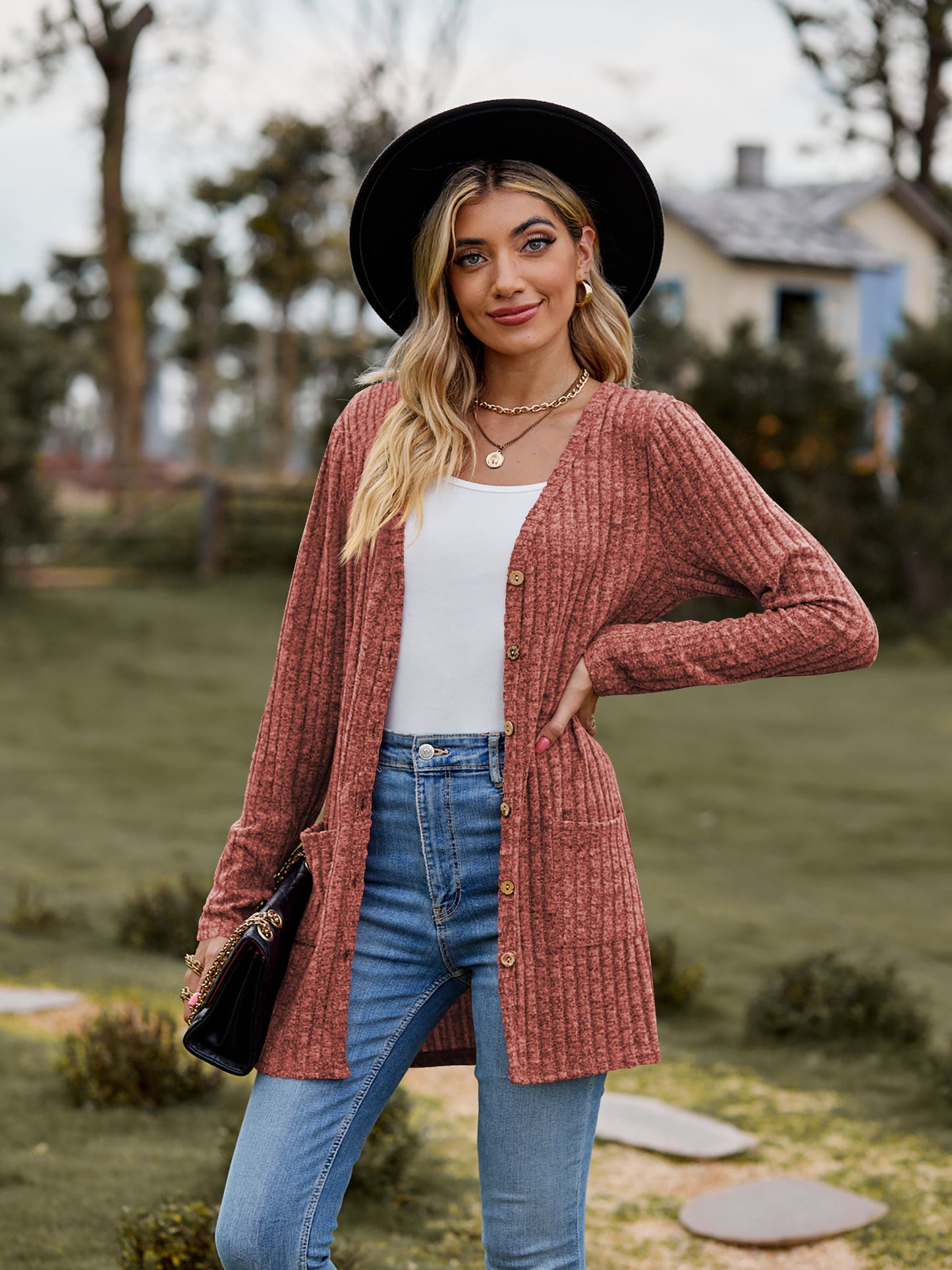 ribbed button-up cardigan with pockets