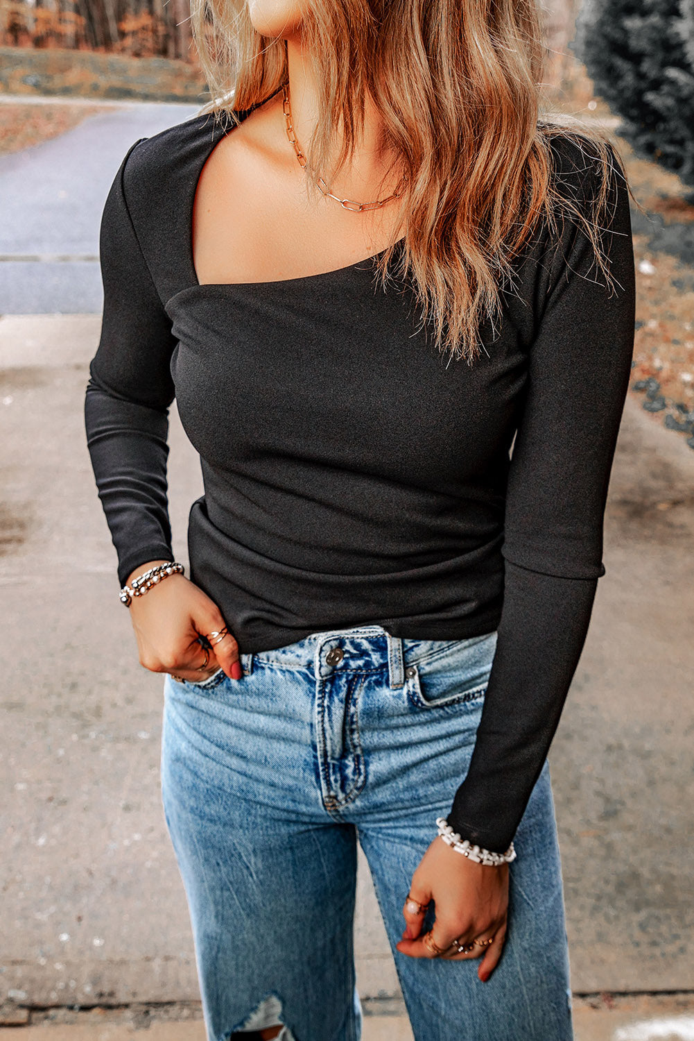asymmetrical neck long sleeve top