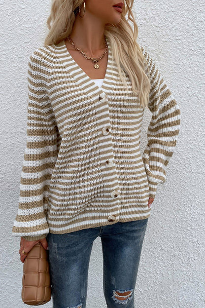 Striped V-Neck Button-Down Cardigan