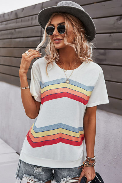 Multicolored Chevron Stripe Round Neck Side Slit T-Shirt