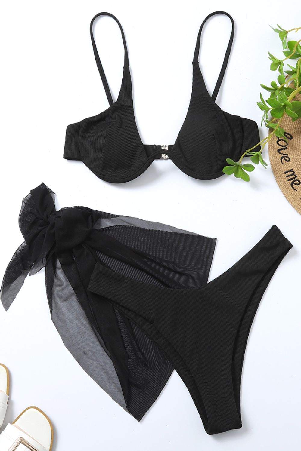 ribbed high cut three-piece swim set