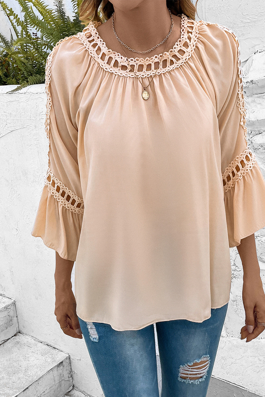 cutout long sleeve round neck blouse