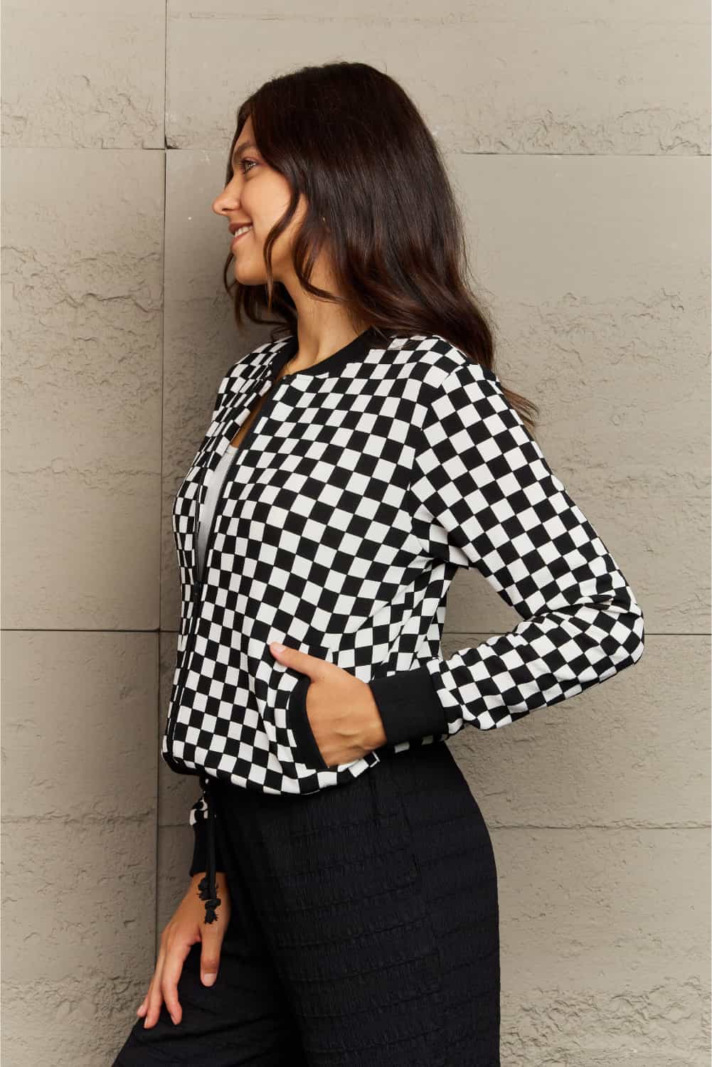 ninexis full size plaid round neck long sleeve jacket