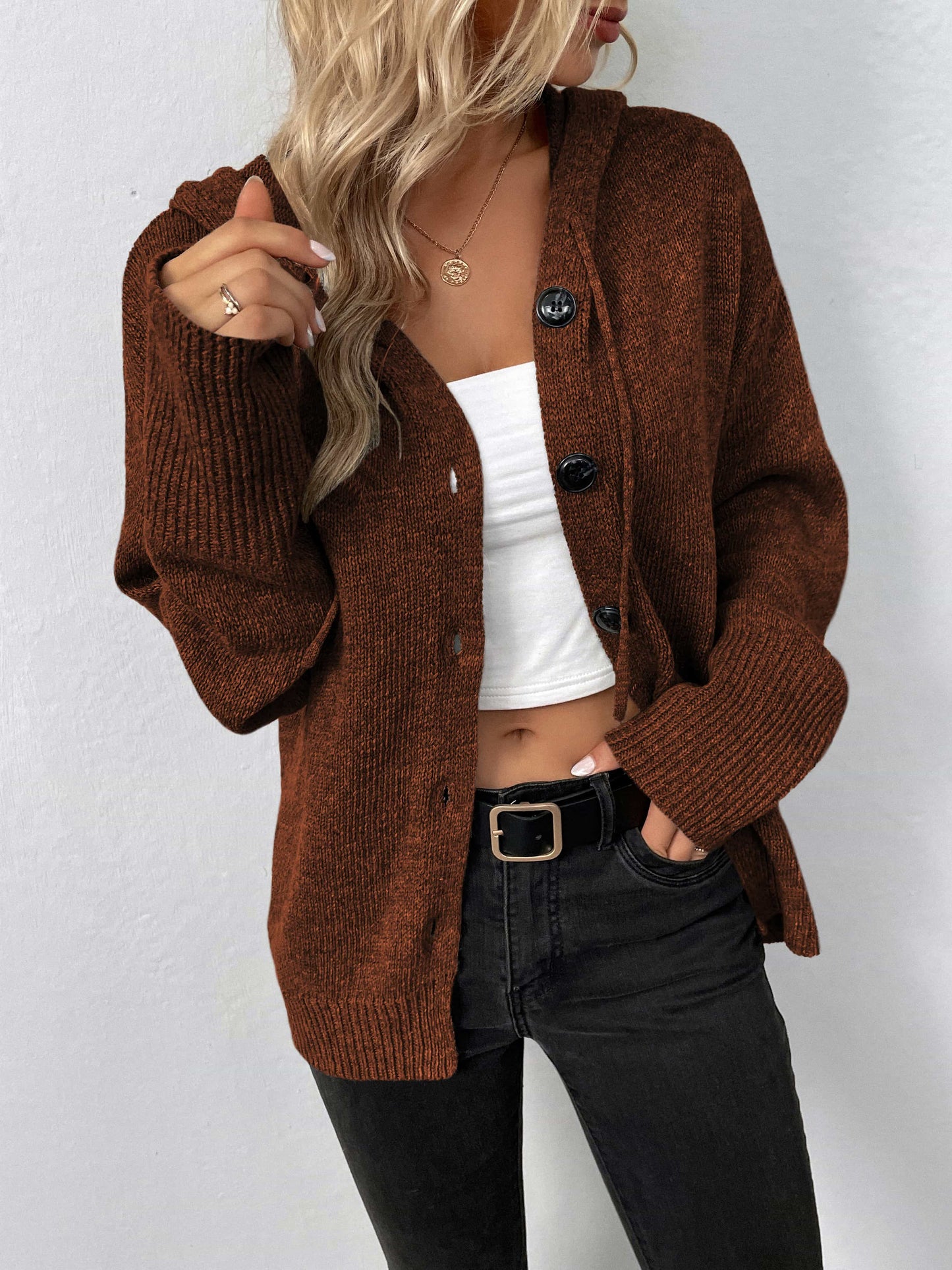 button-down long sleeve hooded sweater