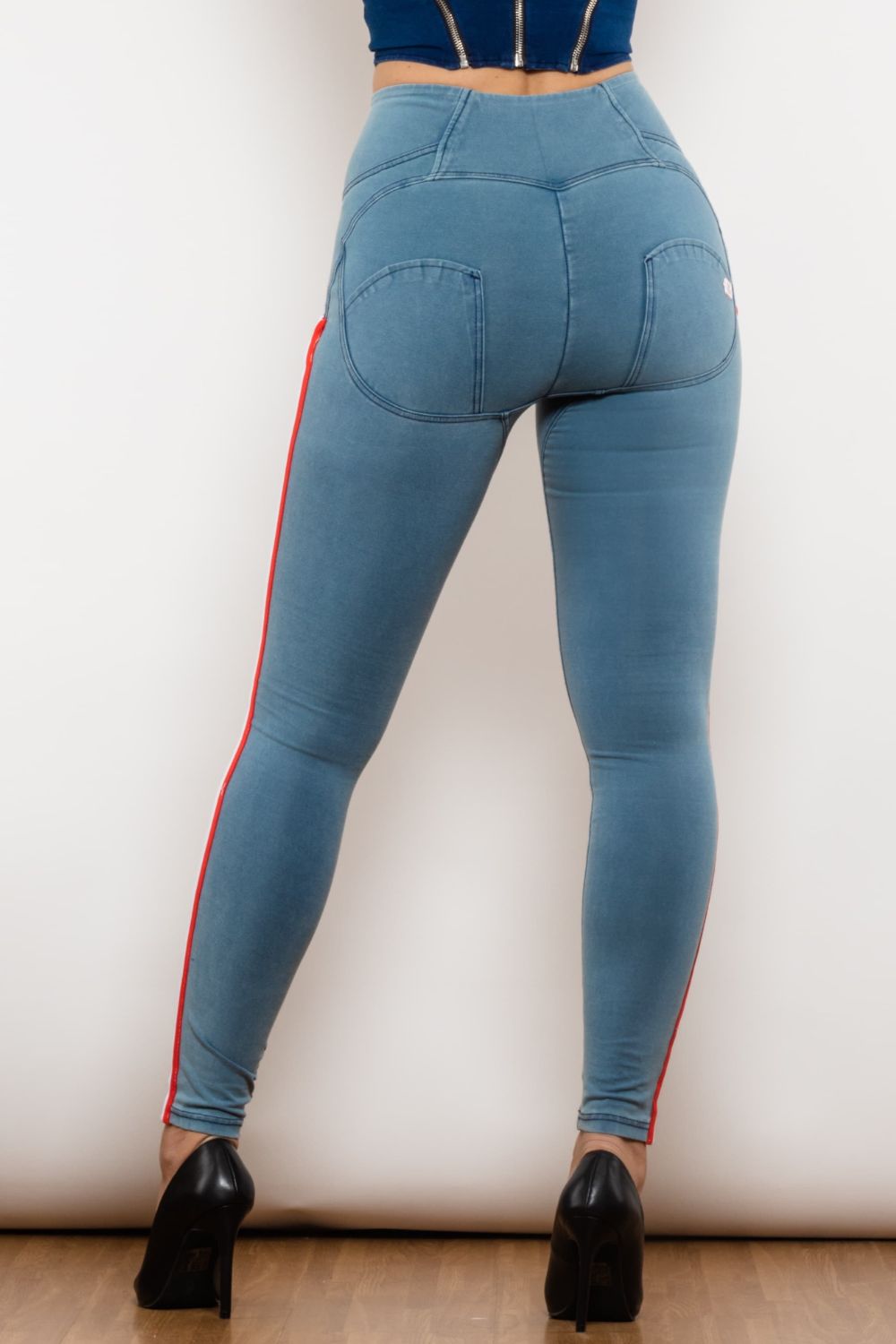 side stripe contrast zip closure skinny jeans