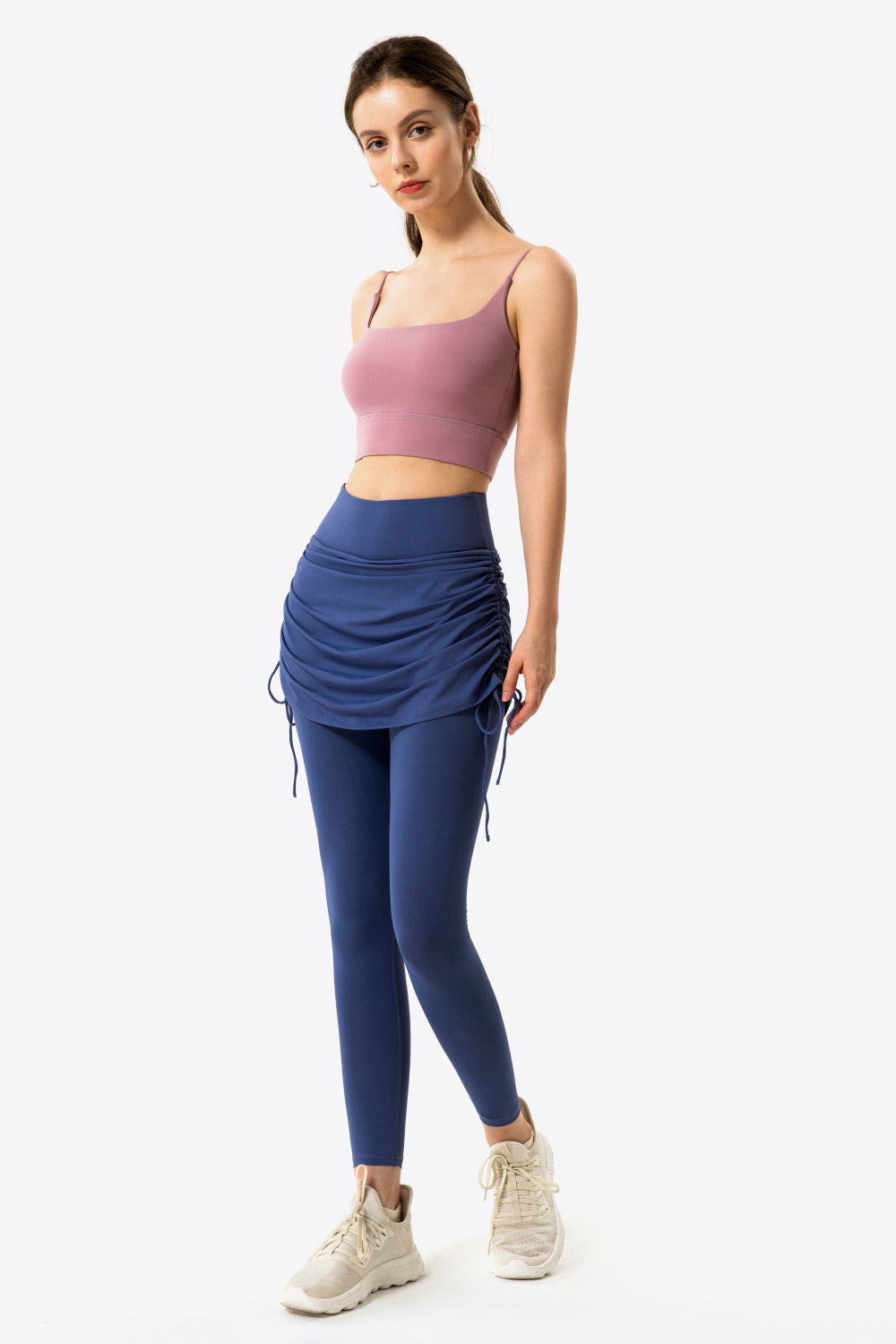 drawstring ruched faux layered yoga leggings