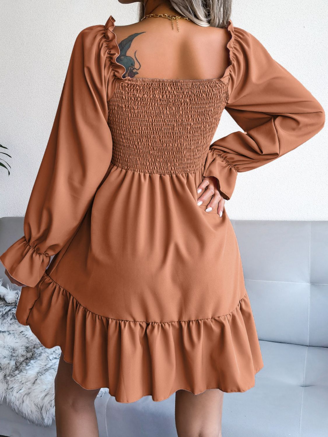 smocked flounce sleeve square neck dress