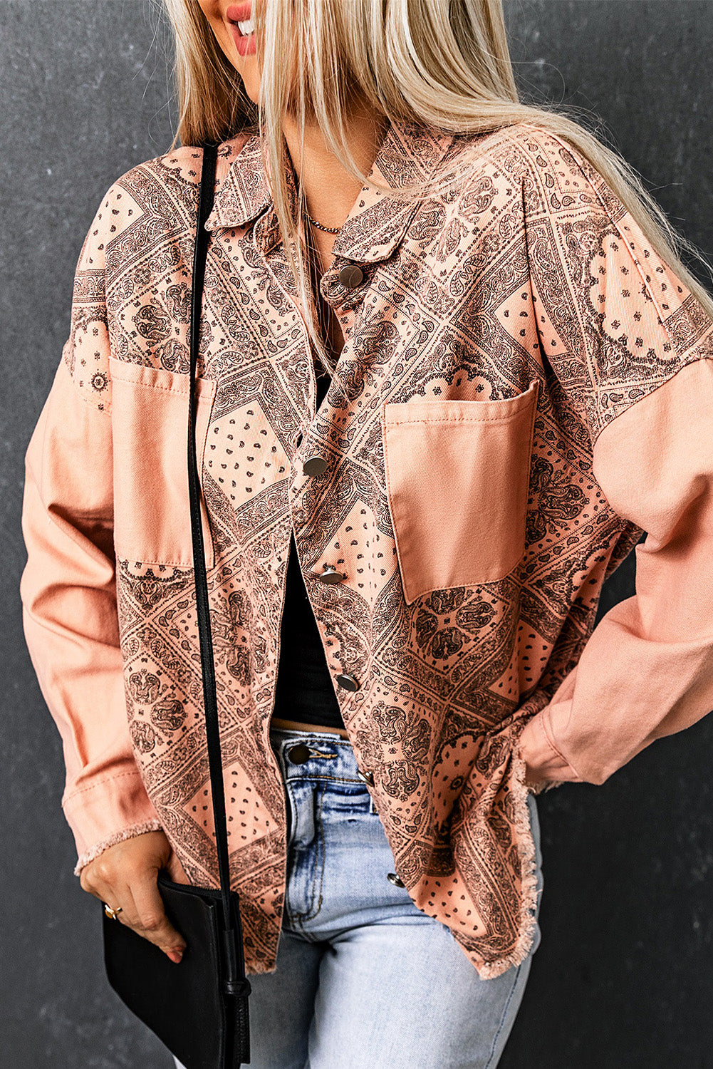 printed raw hem button down jacket with pockets