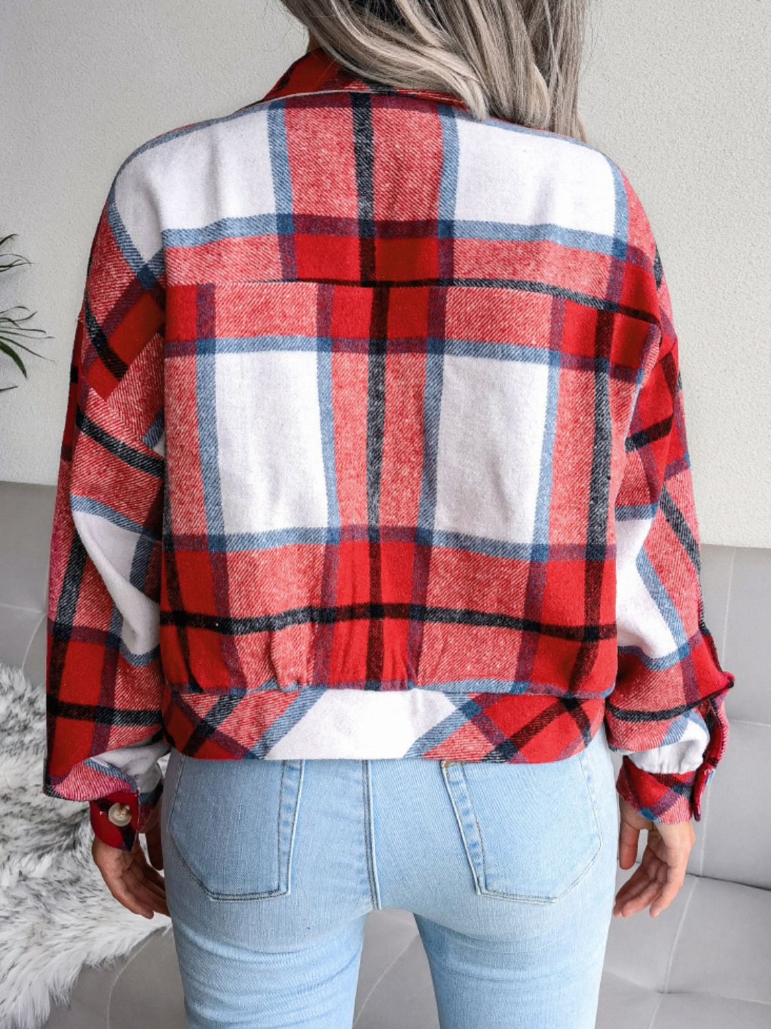 plaid collared neck drop shoulder jacket