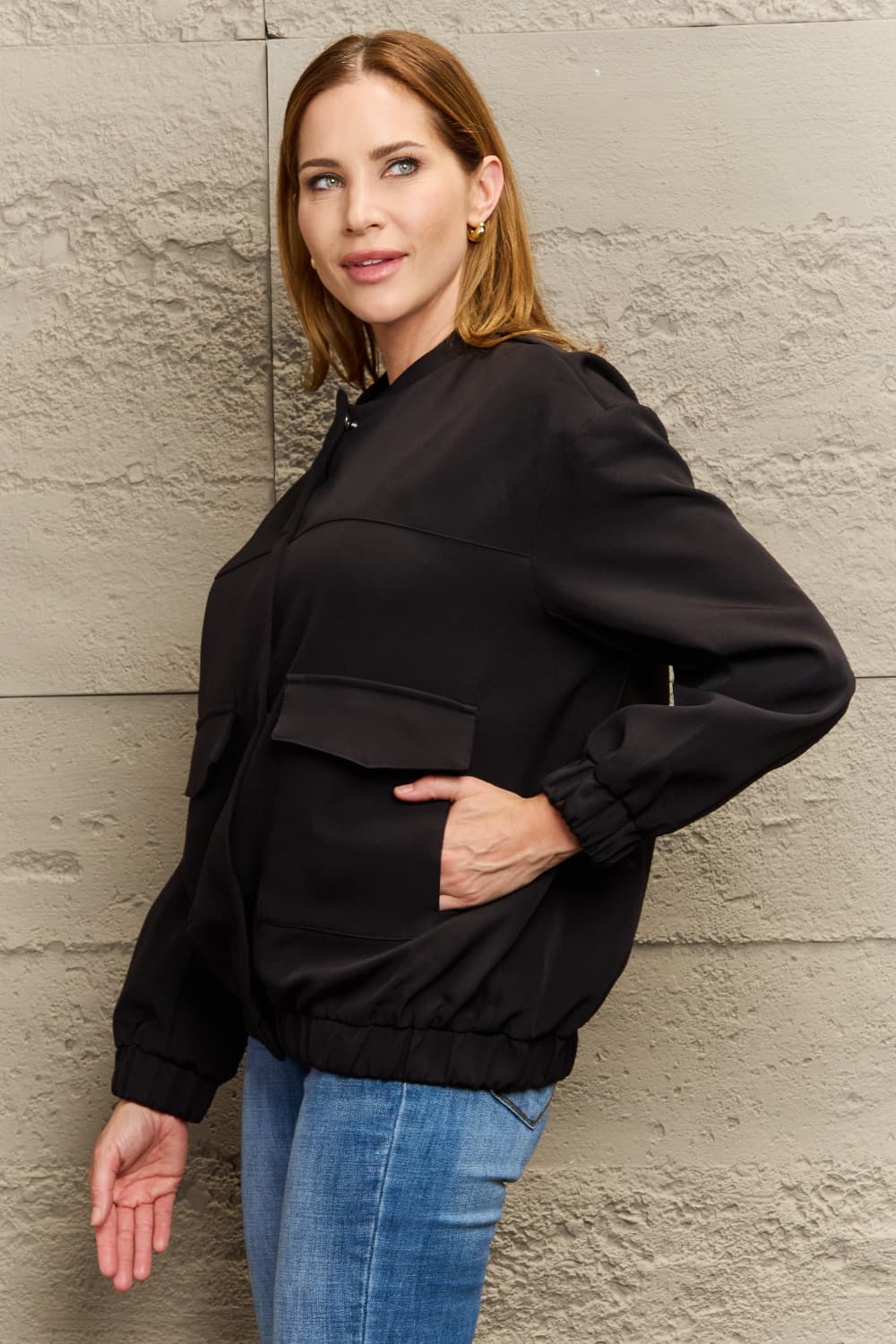 round neck dropped shoulder jacket with pockets