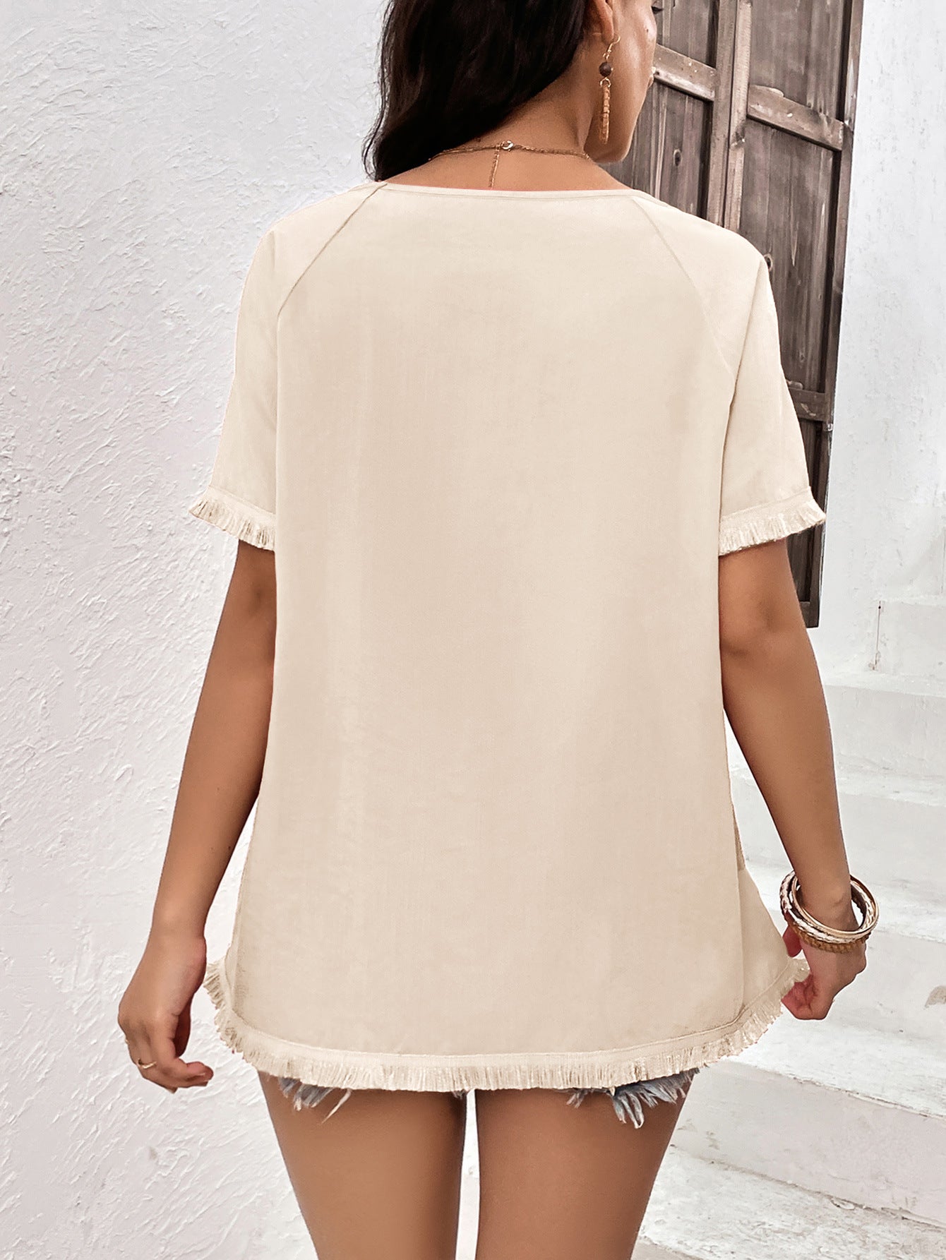 round neck raglan sleeve fringe detail top