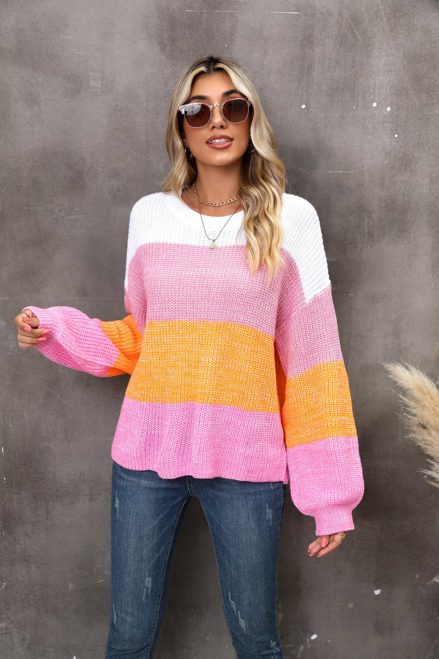 color block round neck dropped shoulder sweater