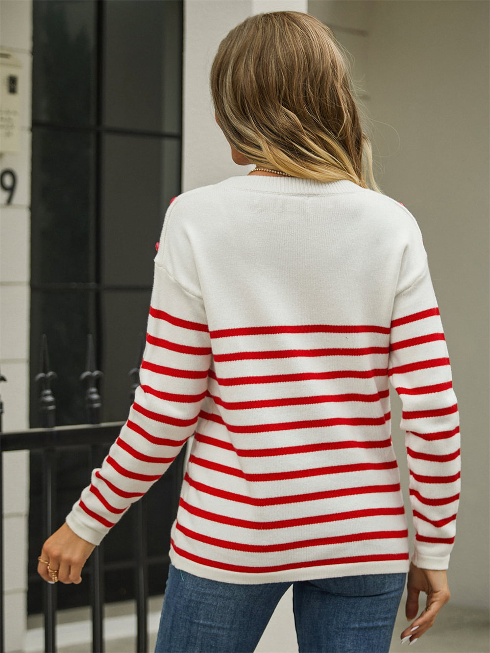 round neck shoulder button striped pullover sweater