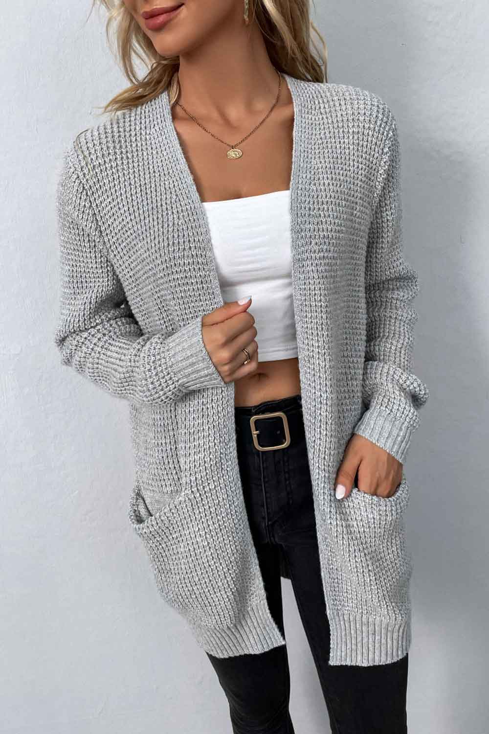 rib-knit open front pocketed cardigan