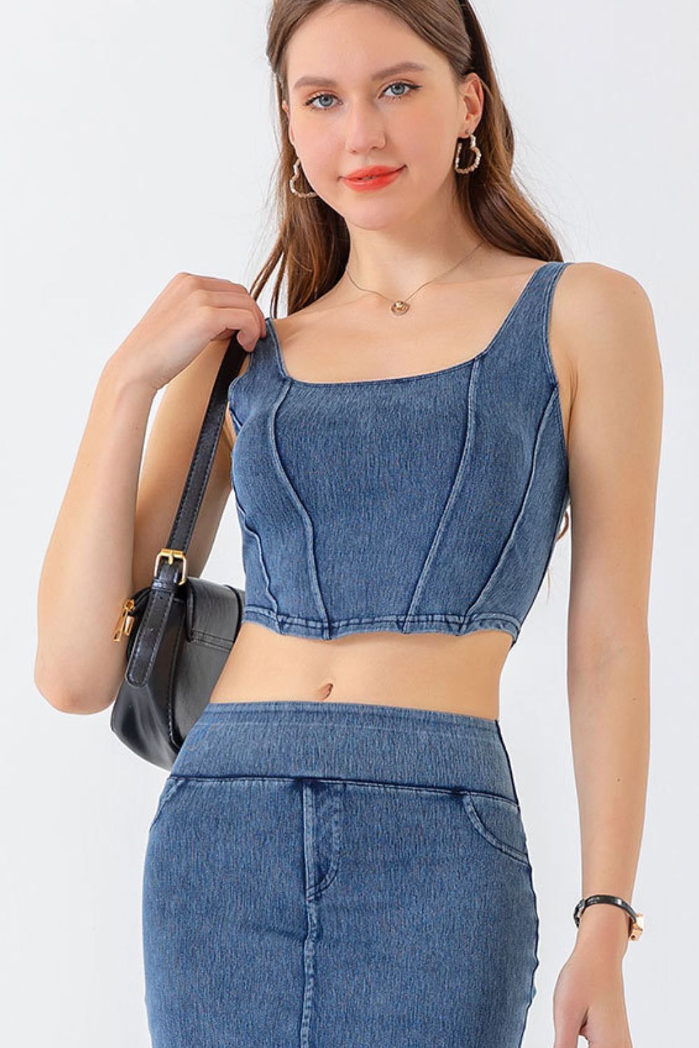 seam detail cropped denim tank