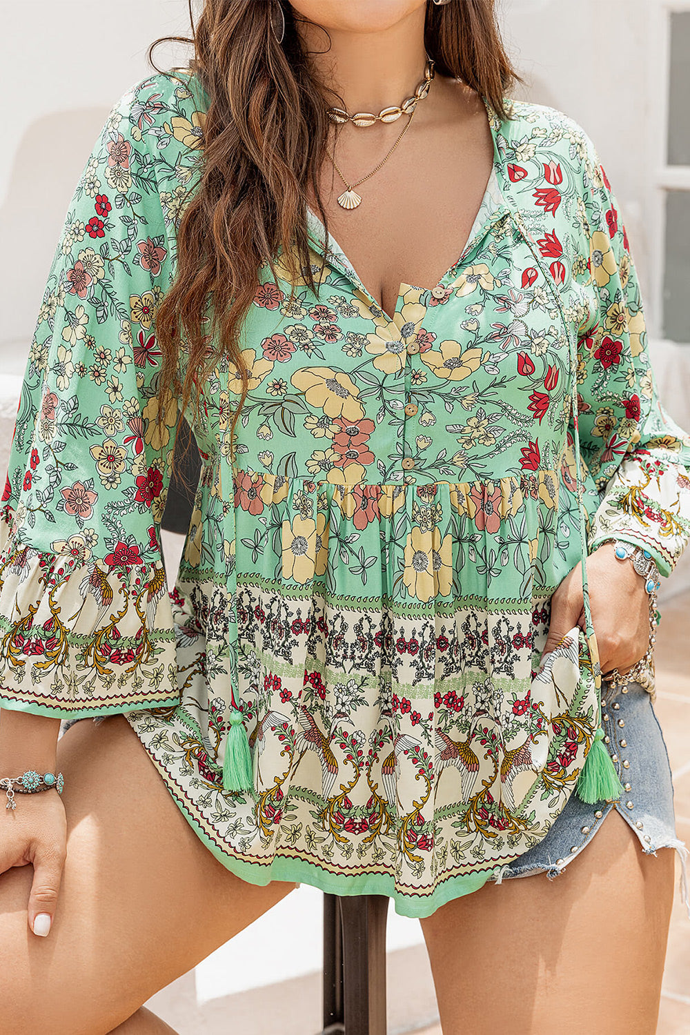 plus size floral tassel tie blouse