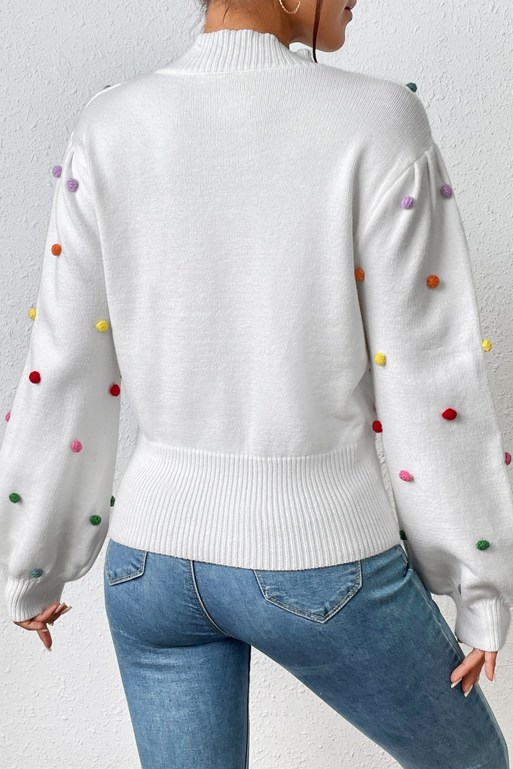 pom-pom trim mock neck long sleeve pullover sweater