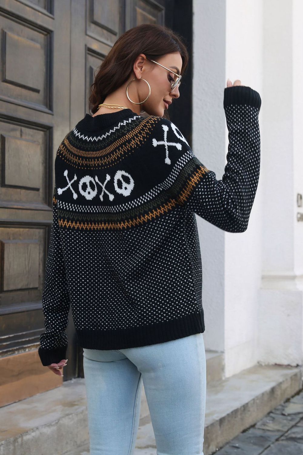 ribbed round neck long sleeve pullover sweater