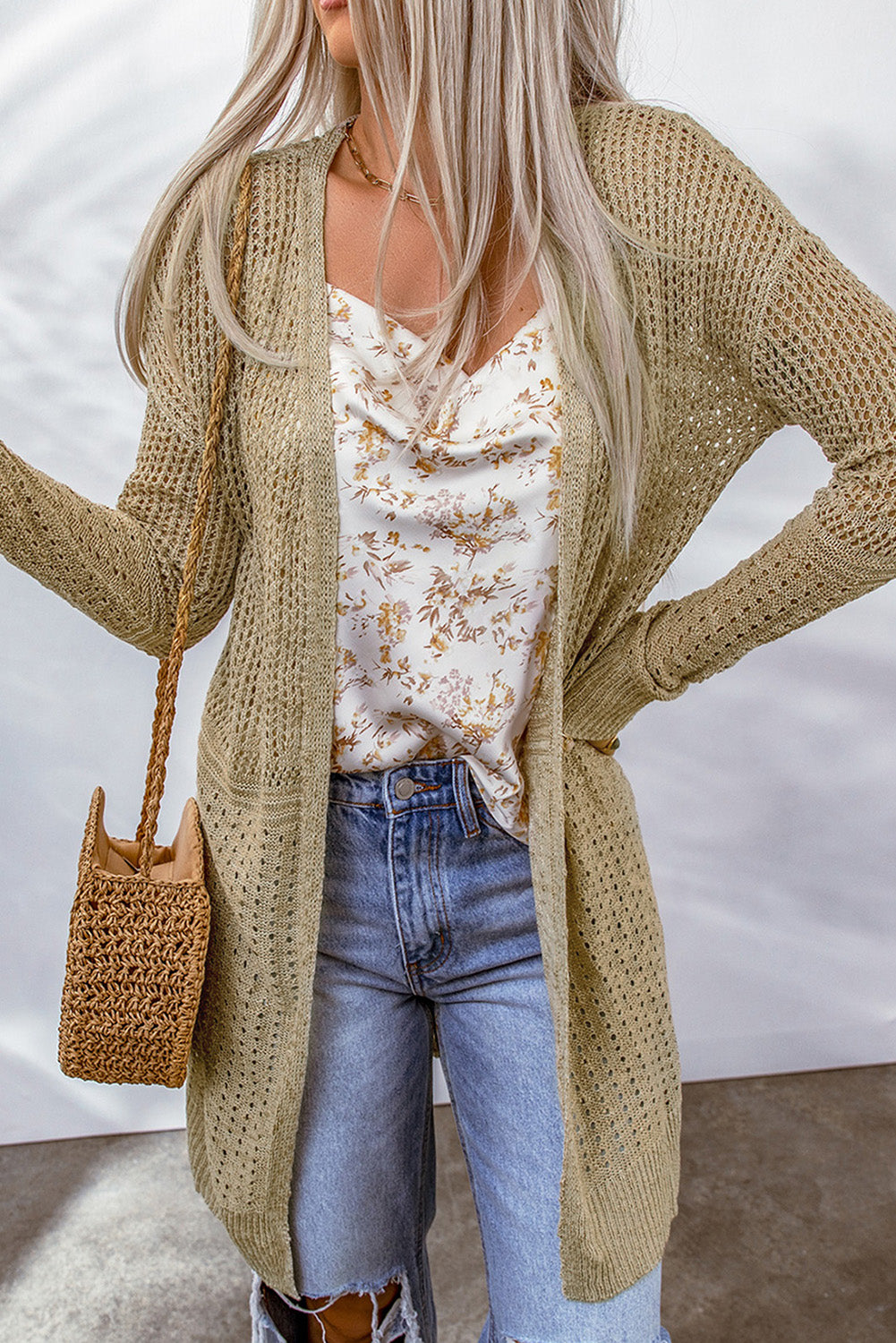 double take openwork dropped shoulder open front cardigan