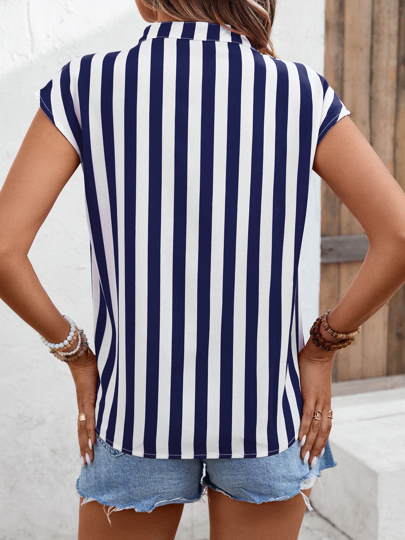 striped notched neck cap sleeve blouse