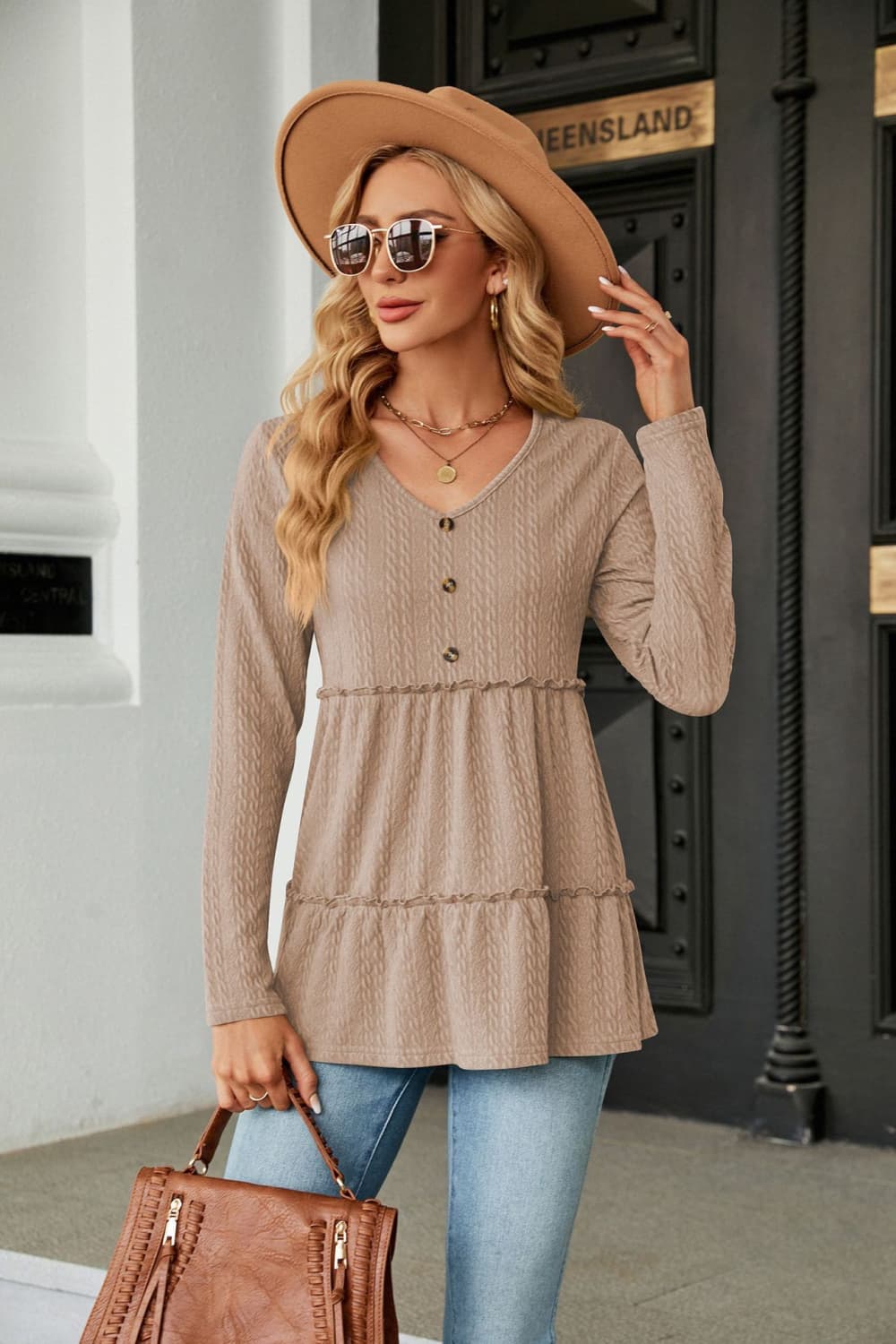 long sleeve v-neck cable-knit blouse