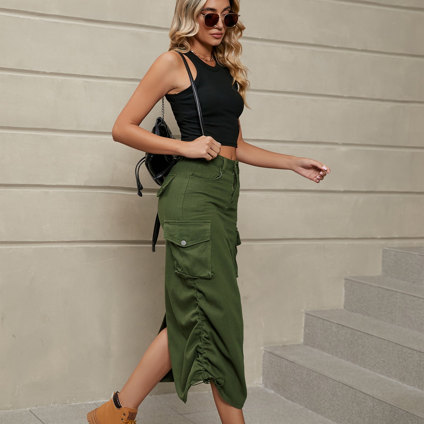 drawstring ruched slit denim midi skirt