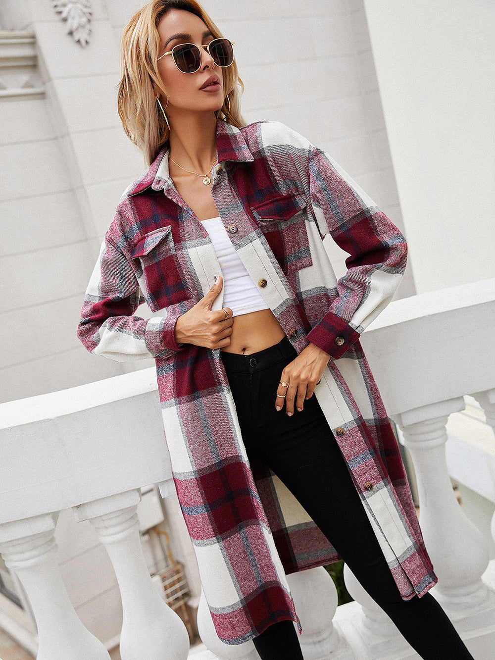 plaid longline shirt jacket