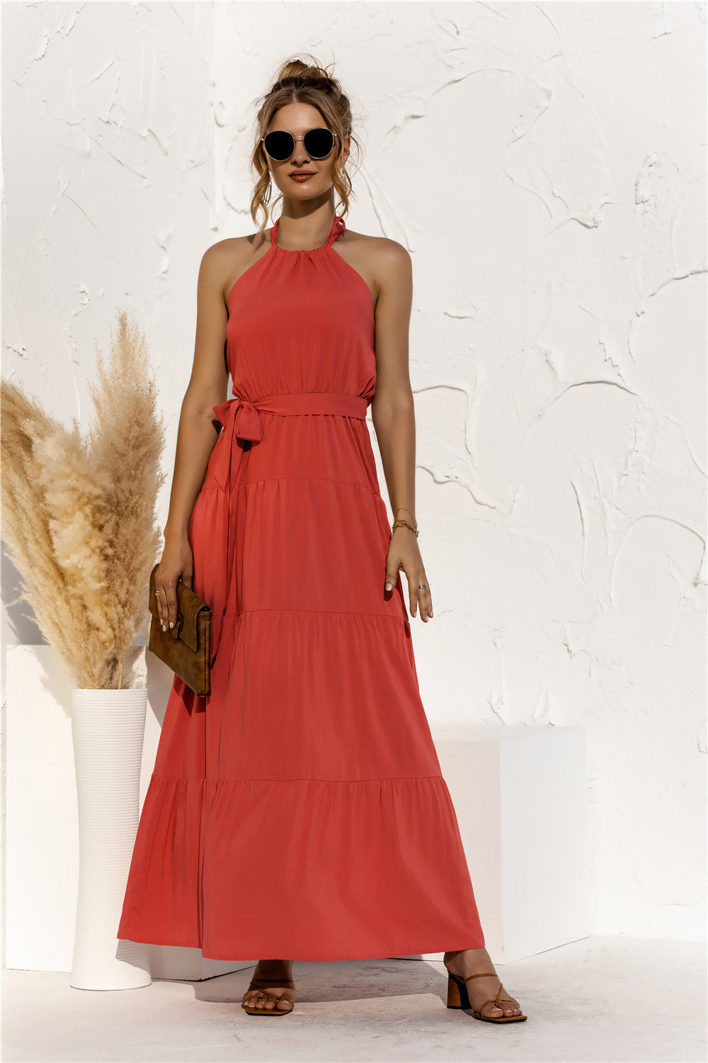 halter neck tie waist tiered maxi dress