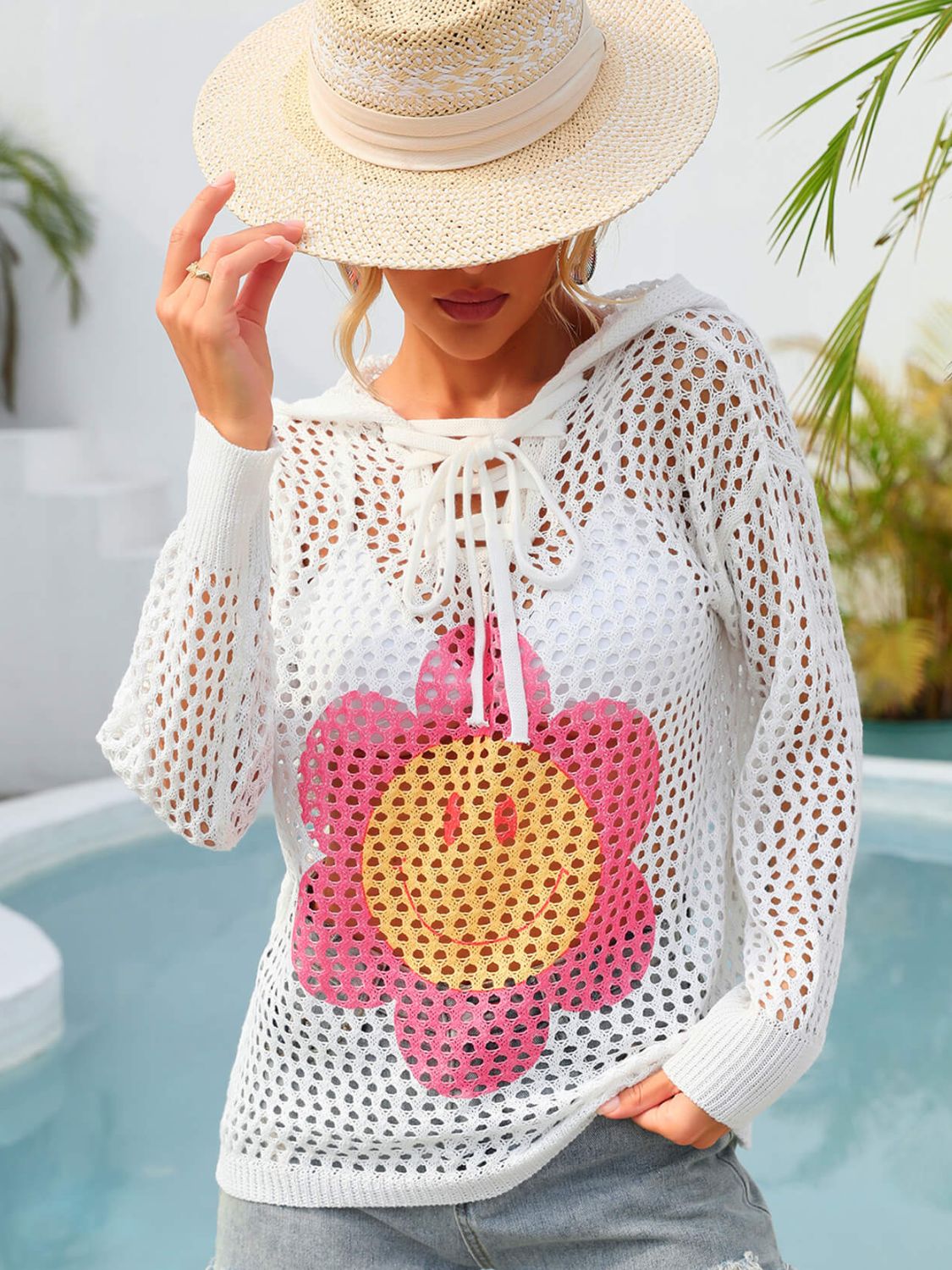 flower graphic lace-up openwork hooded cover up