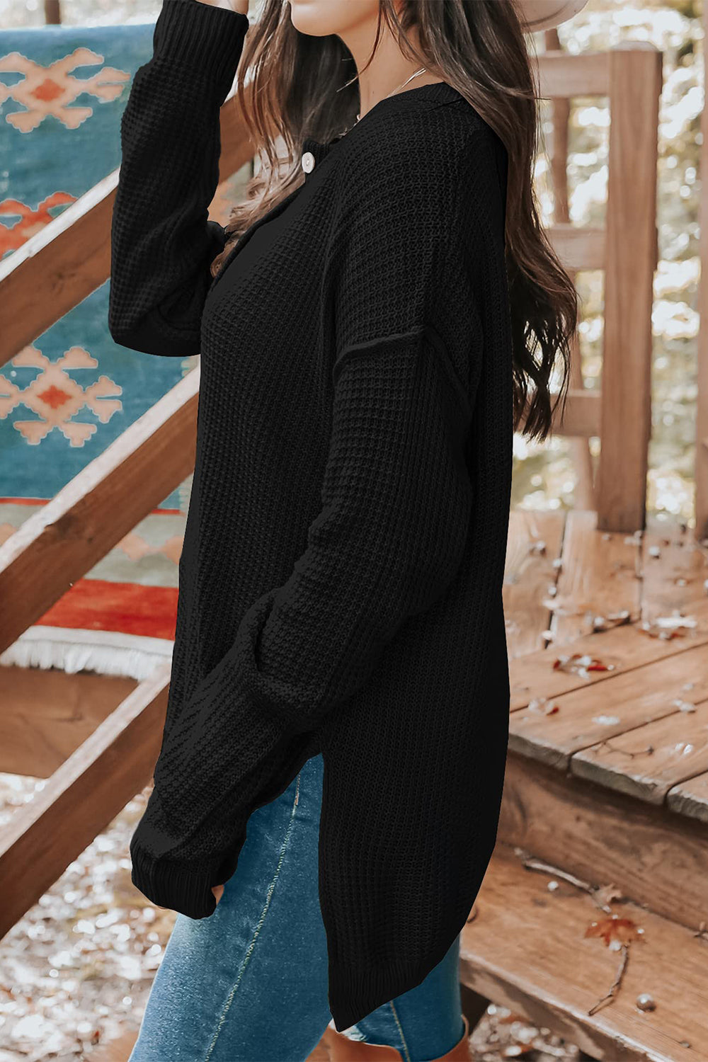 waffle-knit dropped shoulder buttoned sweater