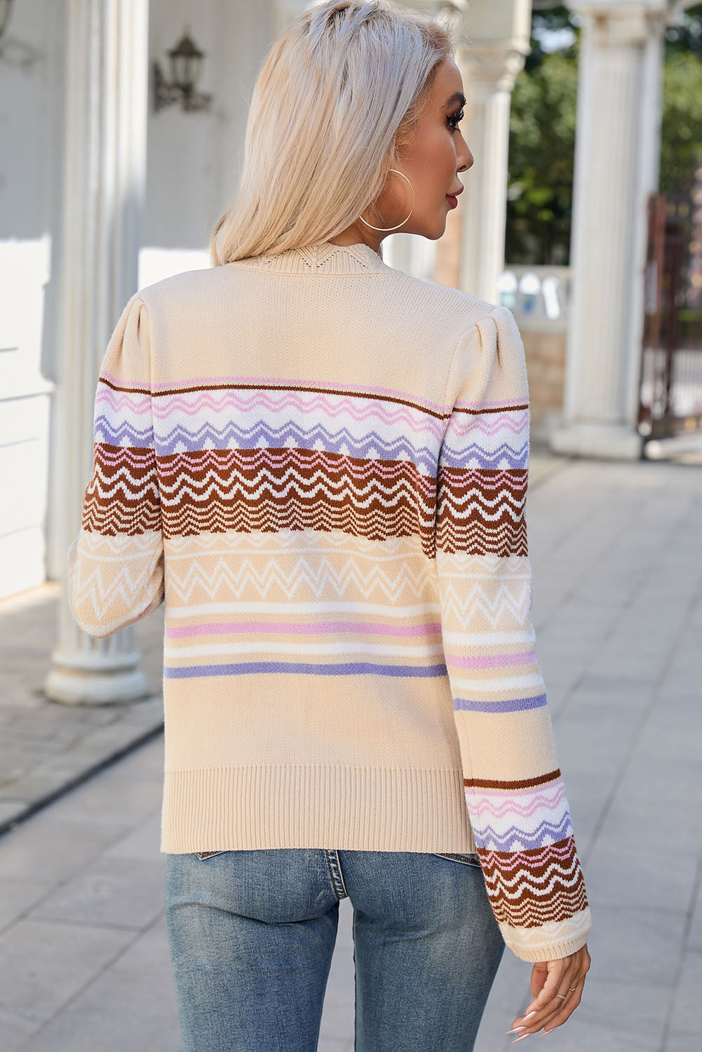 mock neck round neck printed sweater