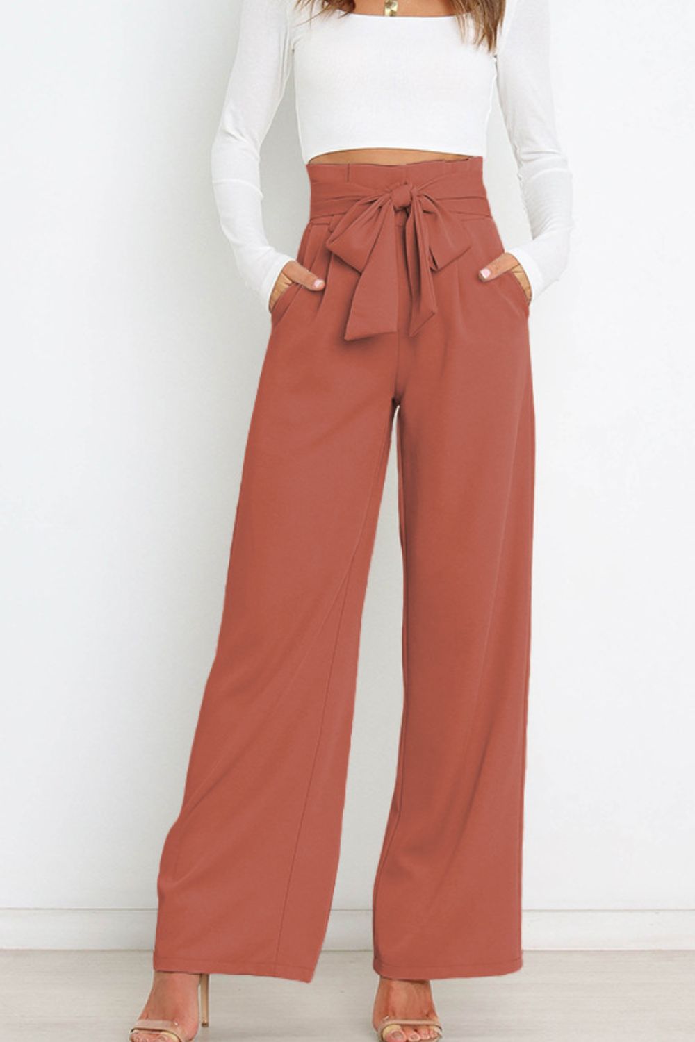 tie front paperbag wide leg pants