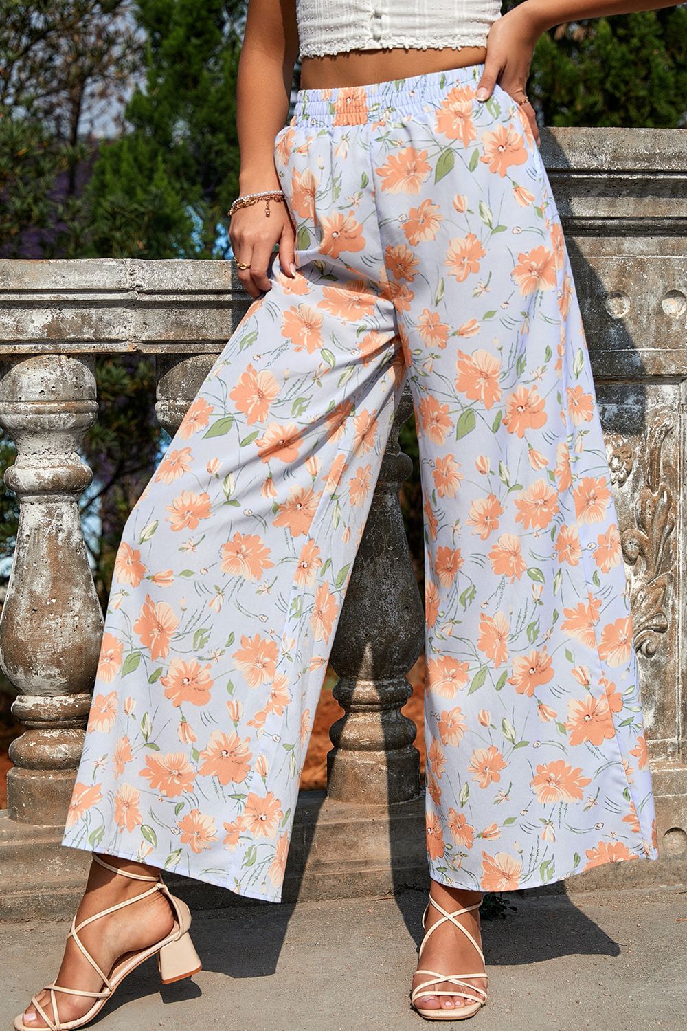 printed wide leg long pants