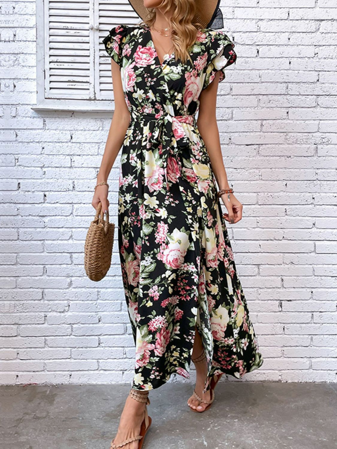 floral flutter sleeve tie-waist split dress