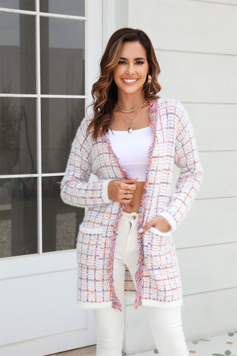 plaid fringe trim open front longline cardigan