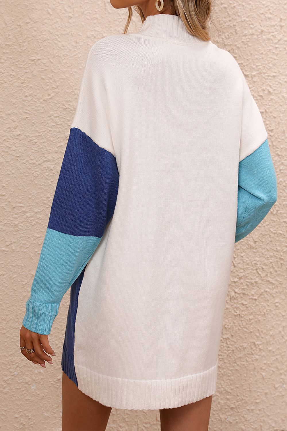 color block mock neck dropped shoulder sweater dress